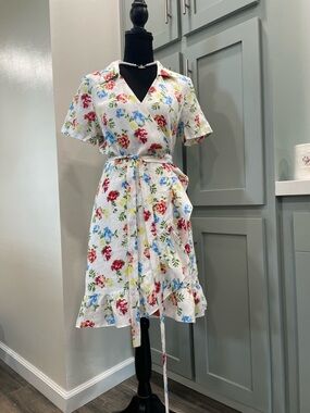 Charles Henry White Midi Dress with Red, Blue & Yellow Florals